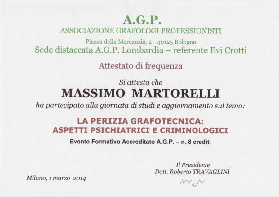 Perizia grafotenica - attestato 1 marzo 2014 - Dott. Martorelli