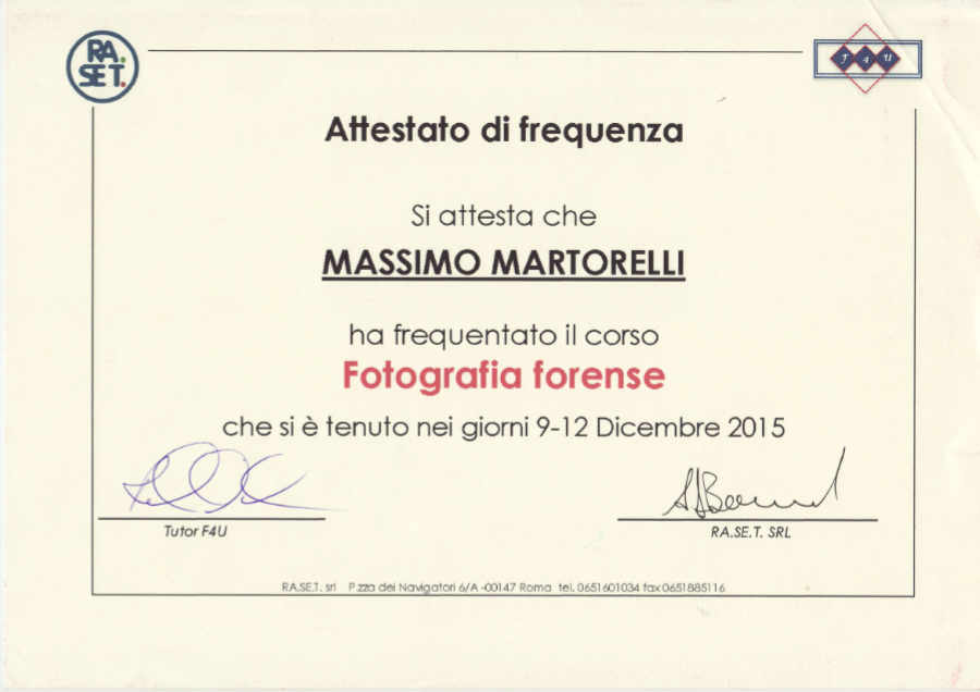 Fotografia forense - attestato dicembre 2015 - Dott. Martorelli