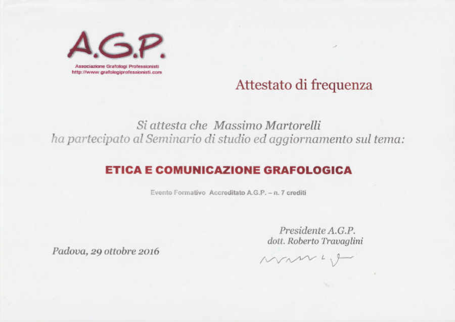 Etica e comunicazione grafologica - attestato ottobre 2016 - Dott. Martorelli