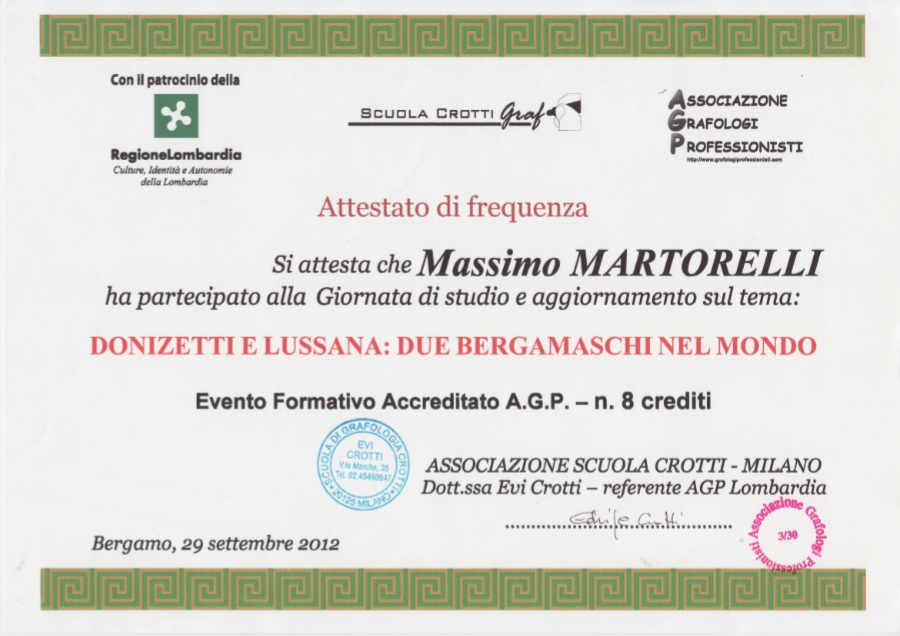 Donizetti e Lussana - attestato settembre 2012 - Dott. Martorelli